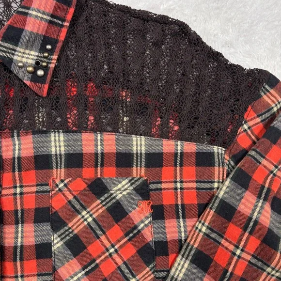 Miss Me Flannel Western Button Women S Plaid Studded Crochet Lace Cowgirl Rodeo - Picture 11 of 14